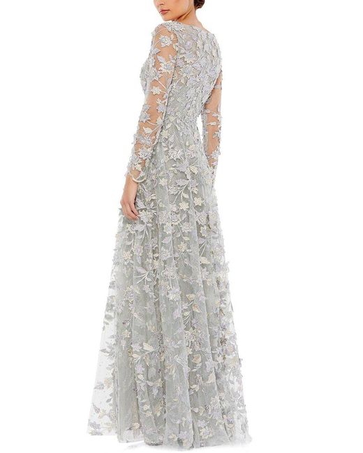 Mac Duggal Gray Floral Applique Long Sleeve Illusion Gown
