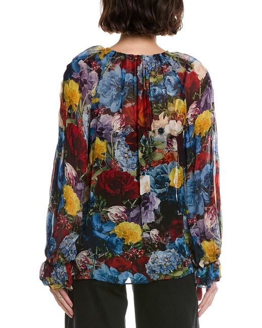 Alice + Olivia Blue Josephine Split Neck Blouse