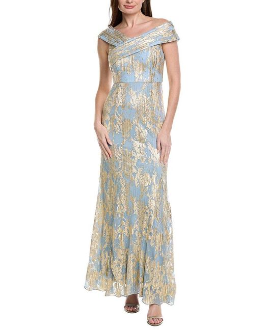 Adrianna Papell Blue Foil Leaf Mermaid Gown