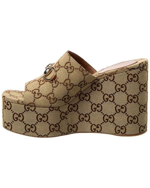 Gucci Brown Horsebit Gg Canvas Wedge Sandal