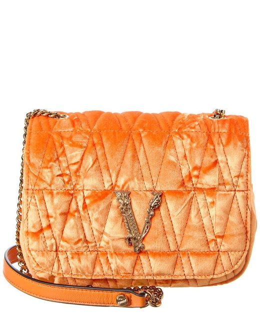 Versace Orange Virtus Quilted Velvet Shoulder Bag