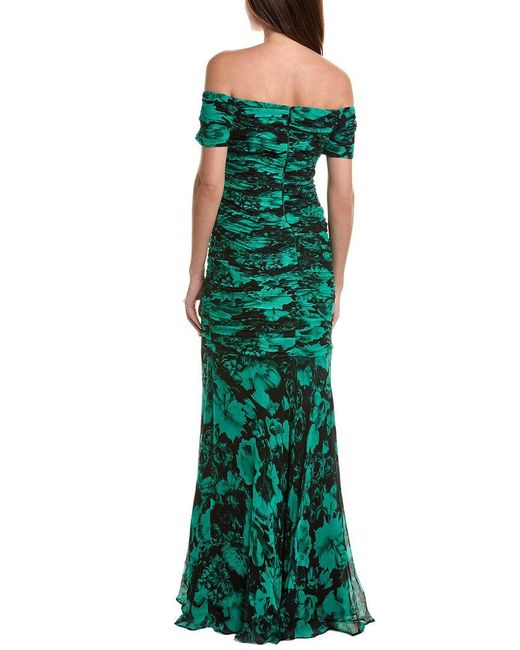 Teri Jon Green Printed Silk Maxi Dress