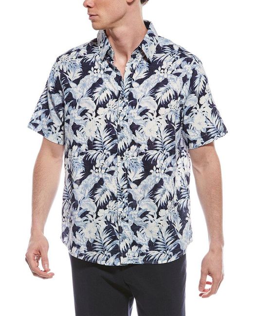 Report Collection Blue Tropical Linen-Blend Shirt for men