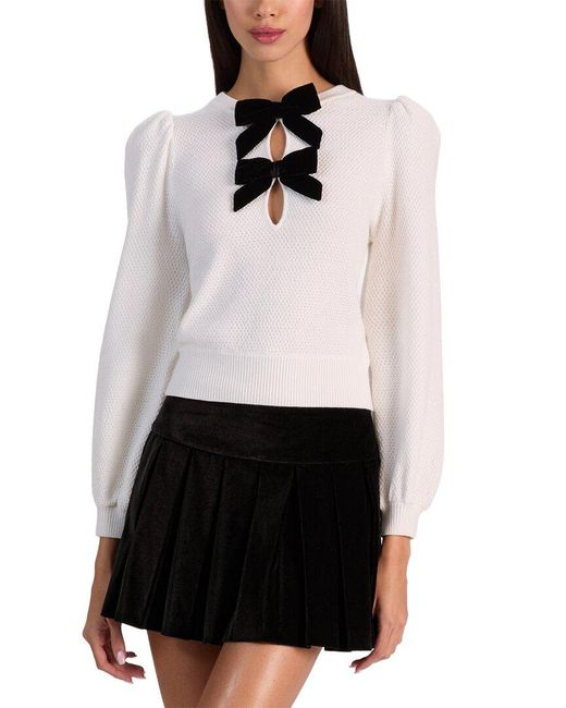 Alice + Olivia White Doris Puff Sleeve Wool Pullover