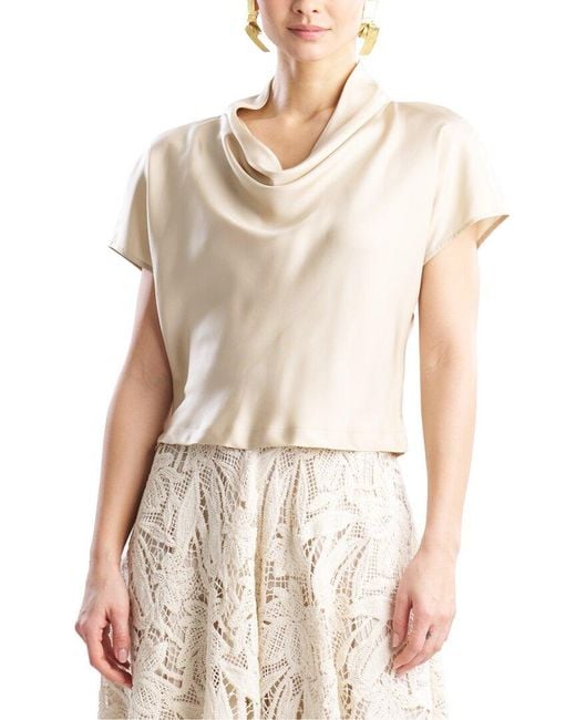 Natori White Silk Twill Cowl Neck Top