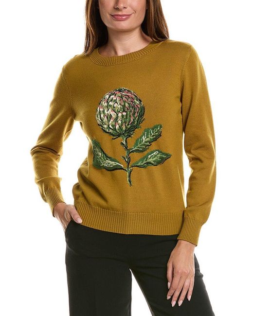 Oscar de la Renta Yellow Artichoke Embroidered Jacquard Wool-Blend Sweater