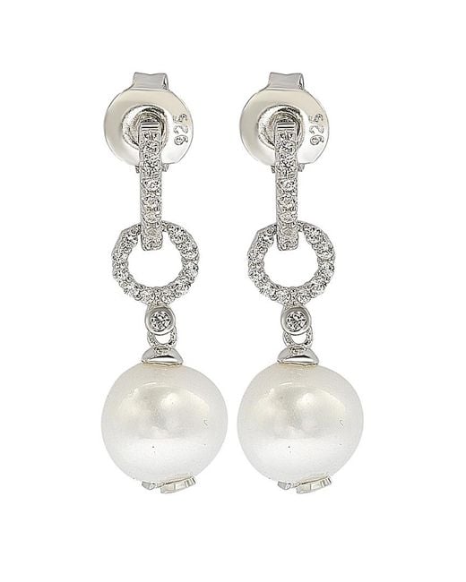 Suzy Levian White Silver Sapphire & 8mm Pearl Earrings
