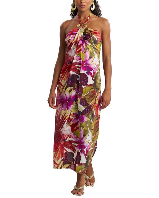 Natori Red Rainforest Cotton Maxi Halter Dress