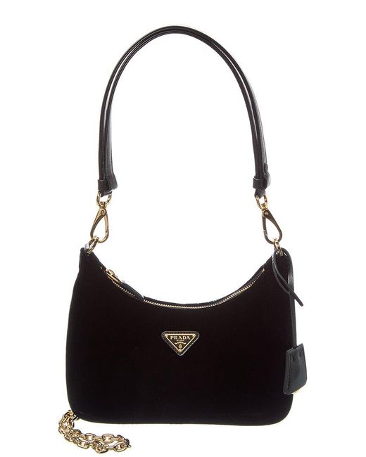 Prada Black Logo Mini Velvet & Leather Shoulder Bag