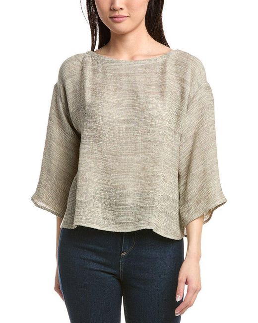Eileen Fisher Gray Bateau Neck Box Linen-Blend Top