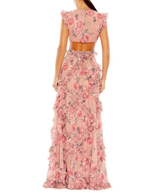 Mac Duggal Pink Ruffled Cut Out Cap Sleeve V Neck Gown