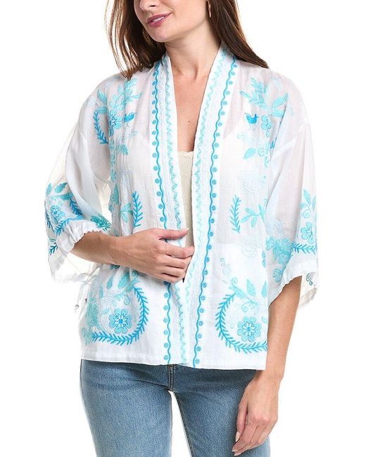 Johnny Was Blue Tie-Sleeve Cropped Kimono