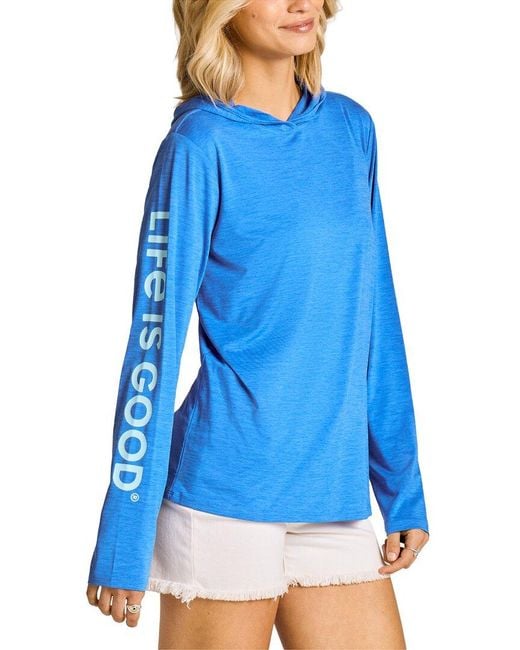 Life Is Good. Blue Long Sleeve Hooded Sun Crusher Shirt