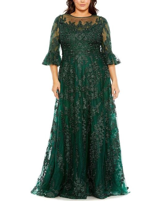 Mac Duggal Green Plus High Neck Flutter Sleeve Embroidered A-Line Gown