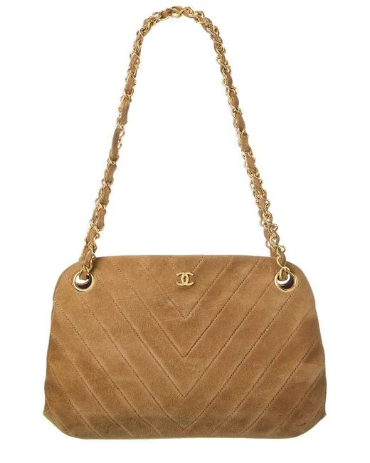 Chanel Brown Neutral Suede Chevron Chain Shoulder Bag (authentic Pre-owned)