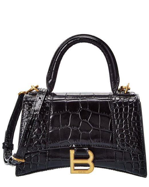 Balenciaga Black Hourglass Xs Croc-embossed Leather Top Handle Satchel