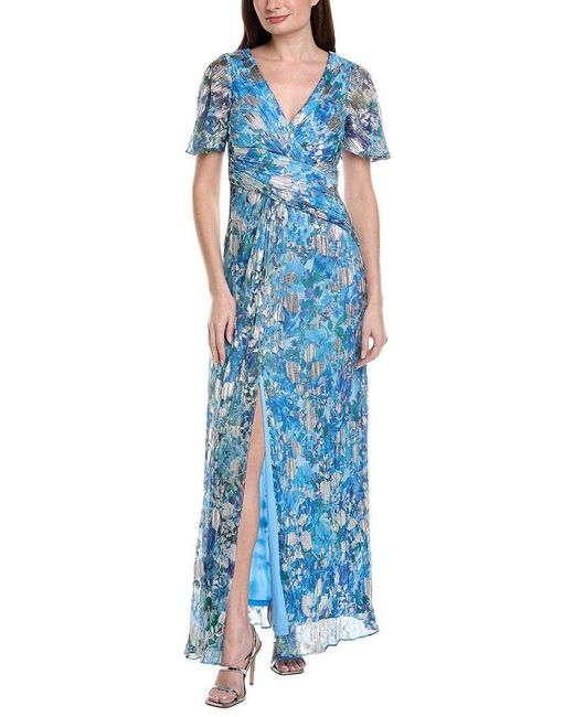 Adrianna Papell Blue Flutter Sleeve Crinkle Foil Floral Gown