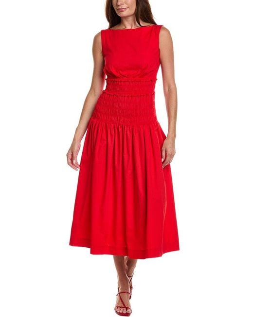 Anne Klein Red Smocked Boatneck Poplin Midi Dress