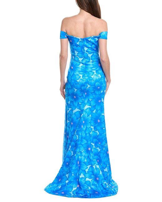 Rene Ruiz Blue Off-The-Shoulder Folded Neckline Gown