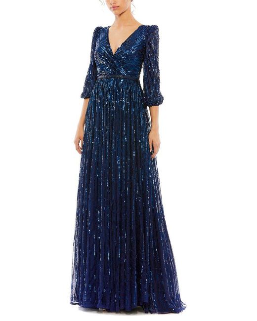 Mac Duggal Blue Sequined Mesh V-Neck A-Line Gown
