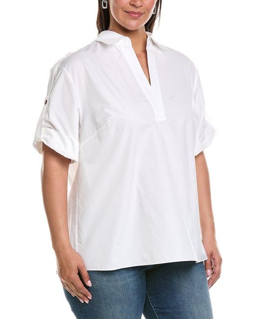 Lafayette 148 New York White Petite Tab Sleeve Popover Shirt