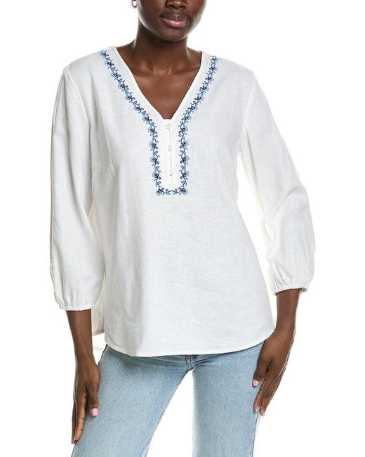 Jones New York White Embroidered Linen-Blend Popover Blouse