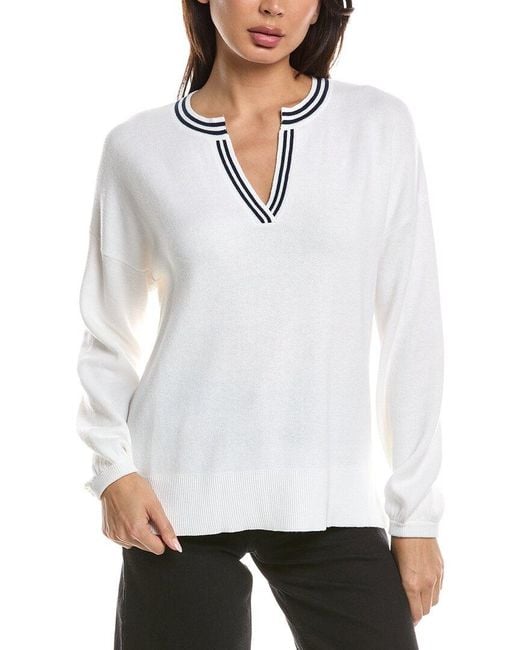 Forte White Gathered Sleeve Split Neck Cashmere-Blend Sweater