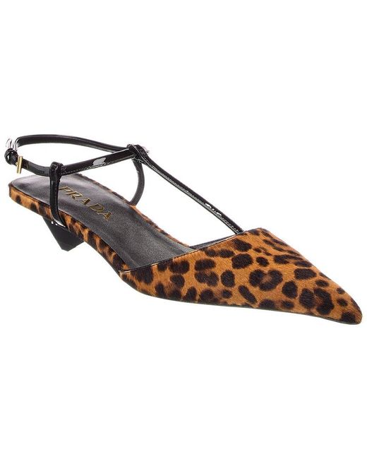 Prada Brown Haircalf & Patent Pointy-Toe Slingback Pump