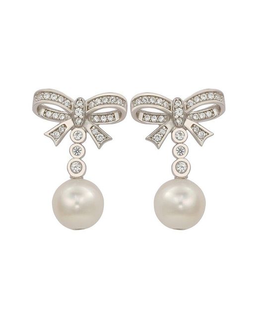 Suzy Levian White Created Sapphire & 8Mm Pearl Bow Earring