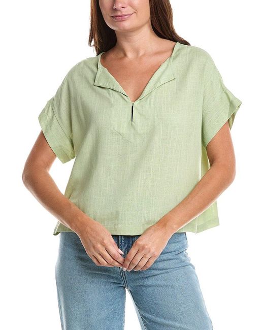 Max Studio Green Short Sleeve Split Neck Linen-Blend Top