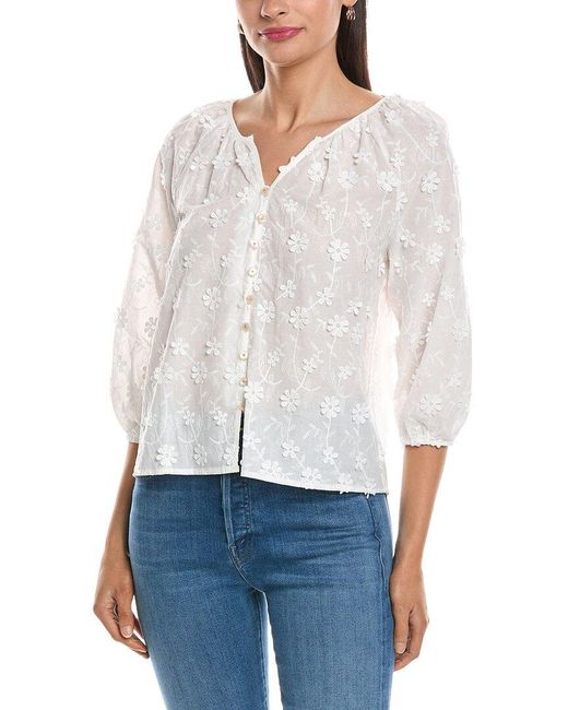 Nanette Lepore White Applique Floral Embroidered Shirt