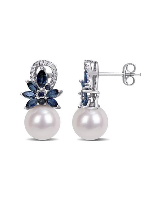 Pearls Blue 14k 1.79 Ct. Tw. Diamond, Sapphire, & 9-9.5mm Freshwater Pearl Floral Earrings
