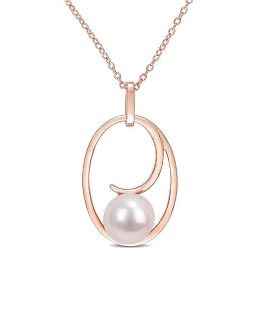 Pearls Pink Silver 9-9.5mm Freshwater Pearl Oval Drop Pendant Necklace