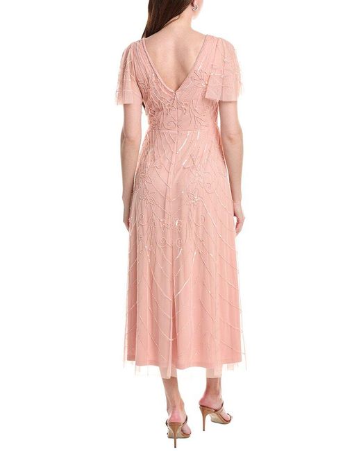 Adrianna Papell Pink Bead Mesh Flutter Midi Dress