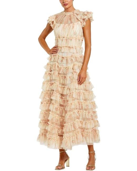 Mac Duggal Natural Printed Mesh Short Sleeve Micro Ruffle Midi Dress