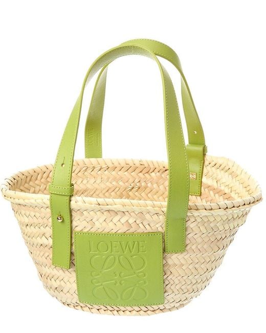 Loewe Green Small Palm Leaf & Leather Basket Tote
