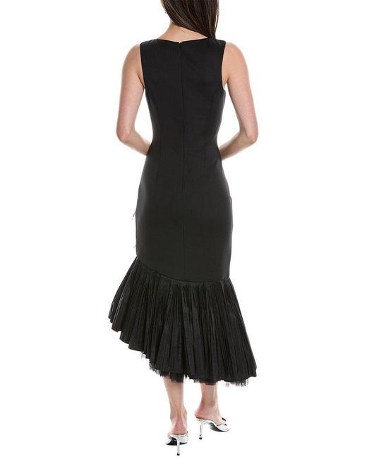 Badgley Mischka Black Pleated Flounce Midi Dress