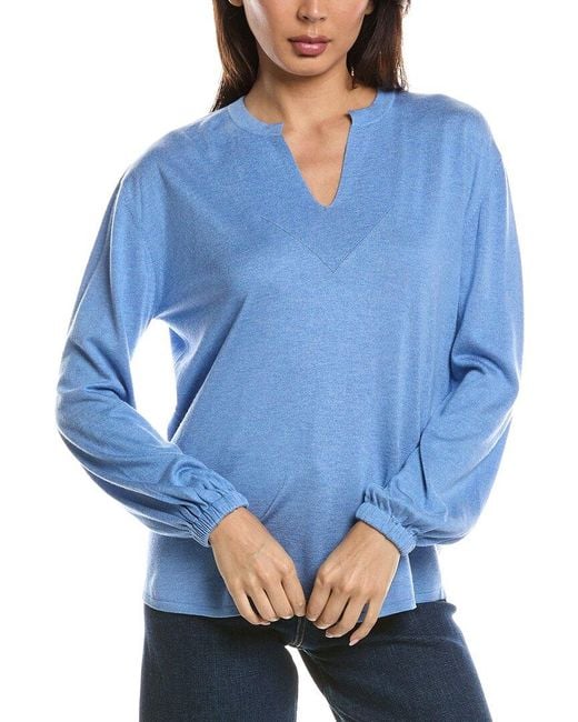 Forte Blue Split Neck Silk & Cashmere-Blend Sweater