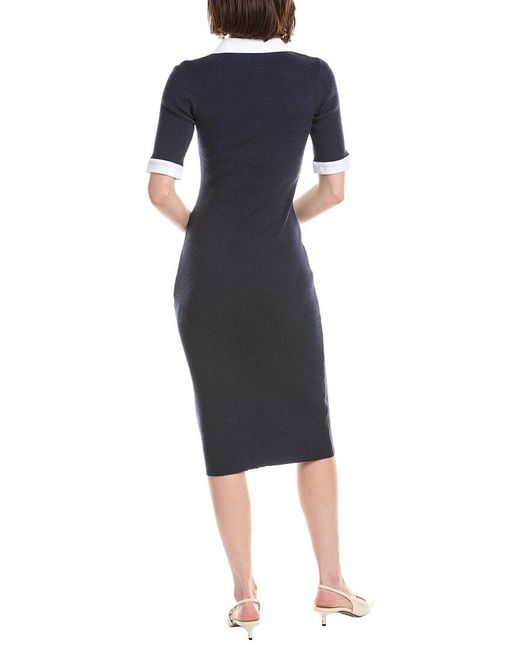Tahari Blue Elbow Sleeve Split Neck Rib Dress