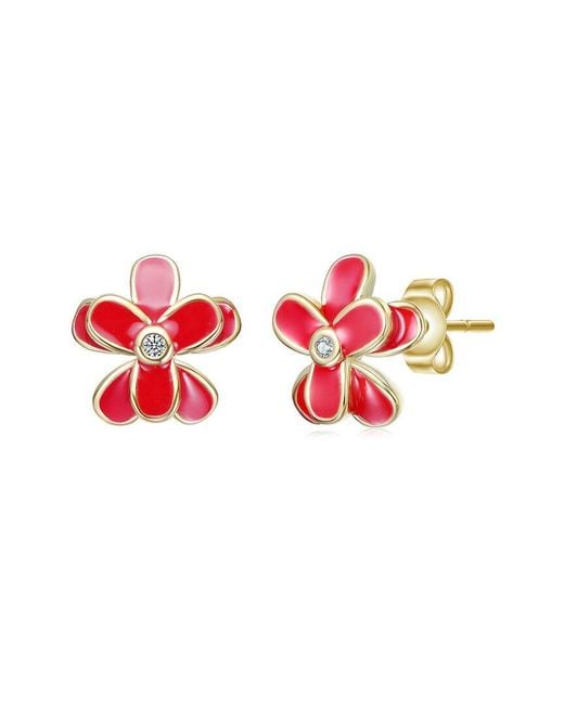 Rachel Glauber Red 14K Plated Cz Flower Earrings
