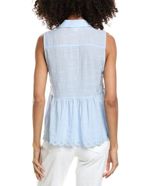 Max Studio Blue Scallop Edge Half Placket Blouse