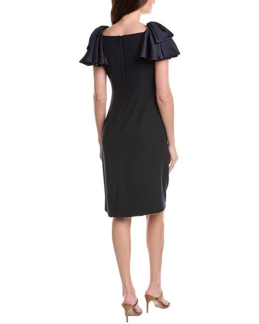 Teri Jon Black Crepe Boatneck Satin Ruffle Shoulder Dress