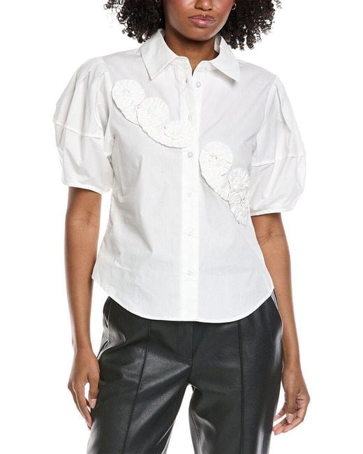 Gracia White Flower Front Short Sleeve Shirt