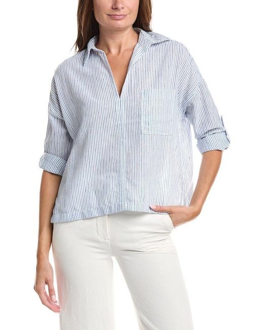 Max Studio Blue Tab Sleeve Woven V-Neck Shirt