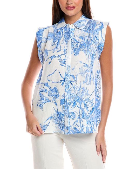 Tahari Blue Button Linen-Blend Blouse