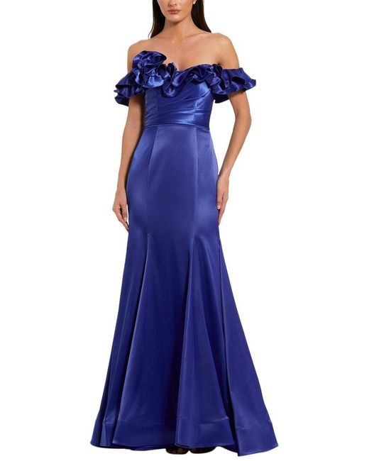Mac Duggal Blue Satin Ruffle Detail Off The Shoulder Mermaid Gown