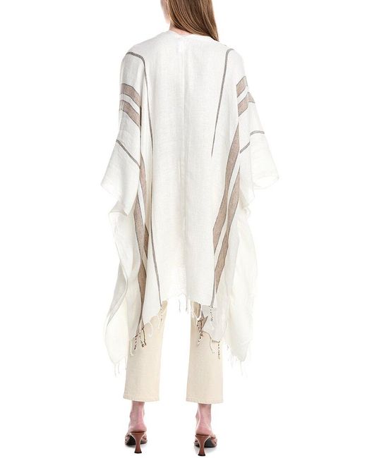 Brunello Cucinelli White Striped Fringed Linen-Blend Poncho