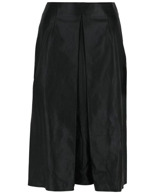Ferragamo Black Pleated-Front Leather Midi Skirt