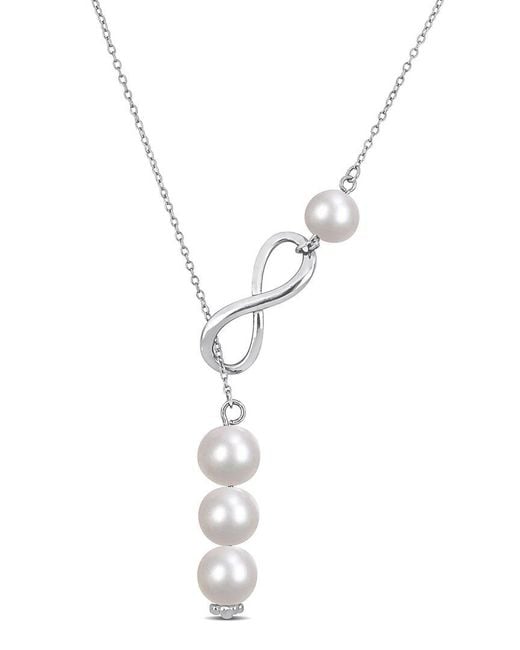 Rina Limor Metallic Silver 8-8.5mm Pearl Lariat Necklace