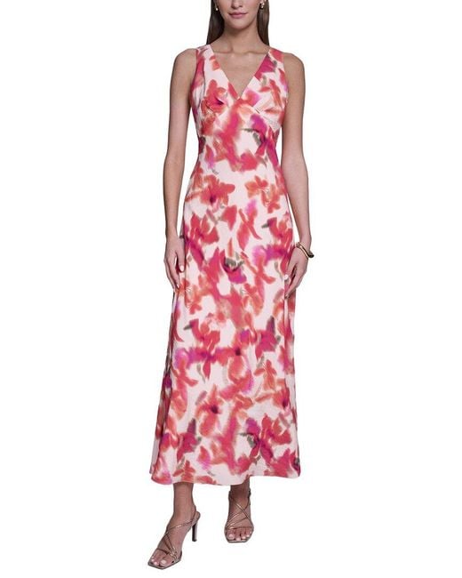 Halston Heritage Red Sleeveless V-Neck Midi Dress